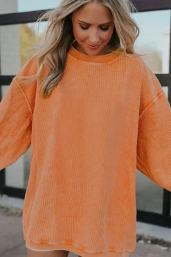 Best Dear-Lover Orange Ribbed Corduroy Oversized Sweatshirt Orange-3