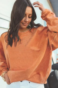Best Dear-Lover Orange Ribbed Corduroy Oversized Sweatshirt Orange-3