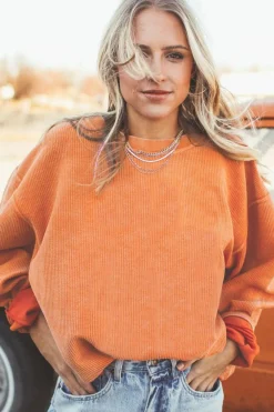 Best Dear-Lover Orange Ribbed Corduroy Oversized Sweatshirt Orange-3