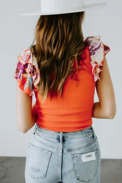 Outlet Dear-Lover Ribbed Knit Tiered Ruffled Sleeve Bodysuit Orange