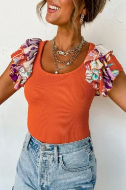 Outlet Dear-Lover Ribbed Knit Tiered Ruffled Sleeve Bodysuit Orange