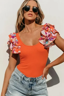 Outlet Dear-Lover Ribbed Knit Tiered Ruffled Sleeve Bodysuit Orange