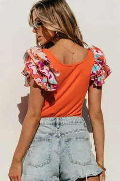 Outlet Dear-Lover Ribbed Knit Tiered Ruffled Sleeve Bodysuit Orange