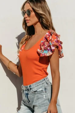 Outlet Dear-Lover Ribbed Knit Tiered Ruffled Sleeve Bodysuit Orange