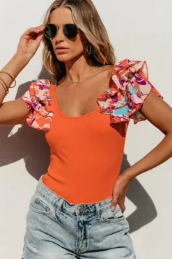 Outlet Dear-Lover Ribbed Knit Tiered Ruffled Sleeve Bodysuit Orange