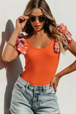 Outlet Dear-Lover Ribbed Knit Tiered Ruffled Sleeve Bodysuit Orange