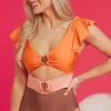 Fashion Dear-Lover Ruffle Sleeve Tricolor Cutout Front Ring One Piece Swimsuit Orange