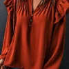 Clearance Dear-Lover Ruffled Pleated Buttoned V Neck Blouse Orange
