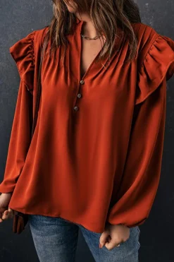 Clearance Dear-Lover Ruffled Pleated Buttoned V Neck Blouse Orange
