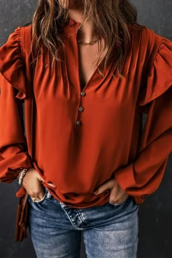 Clearance Dear-Lover Ruffled Pleated Buttoned V Neck Blouse Orange