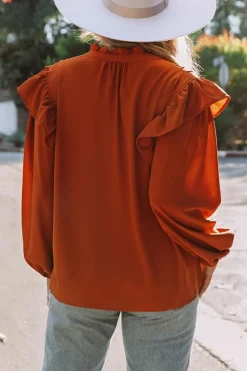 Clearance Dear-Lover Ruffled Pleated Buttoned V Neck Blouse Orange