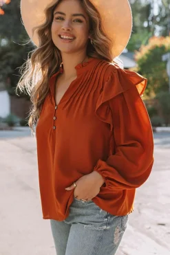 Clearance Dear-Lover Ruffled Pleated Buttoned V Neck Blouse Orange