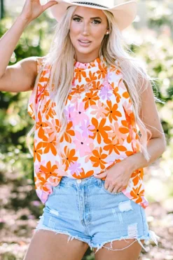Discount Dear-Lover Ruffled Sleeve Smocked Floral Top Orange