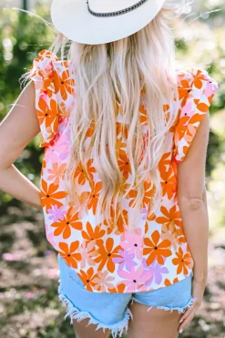 Discount Dear-Lover Ruffled Sleeve Smocked Floral Top Orange
