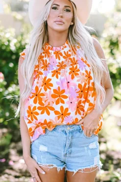 Discount Dear-Lover Ruffled Sleeve Smocked Floral Top Orange
