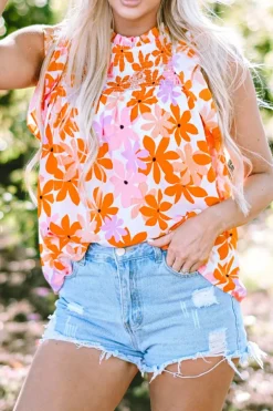 Discount Dear-Lover Ruffled Sleeve Smocked Floral Top Orange