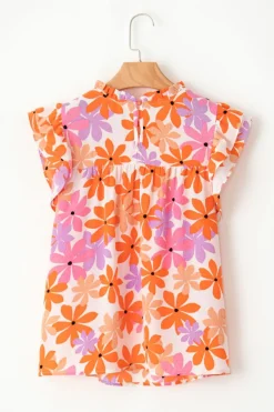 Discount Dear-Lover Ruffled Sleeve Smocked Floral Top Orange
