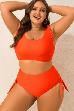 Online Dear-Lover Ruffled Trim Knotted High Waist Plus Size Bikini Set Orange