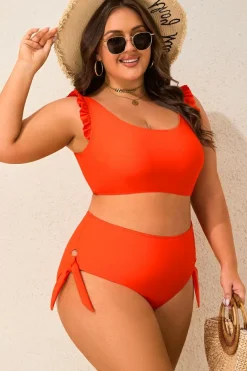 Online Dear-Lover Ruffled Trim Knotted High Waist Plus Size Bikini Set Orange