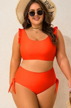 Online Dear-Lover Ruffled Trim Knotted High Waist Plus Size Bikini Set Orange