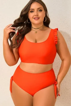 Online Dear-Lover Ruffled Trim Knotted High Waist Plus Size Bikini Set Orange