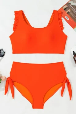 Online Dear-Lover Ruffled Trim Knotted High Waist Plus Size Bikini Set Orange