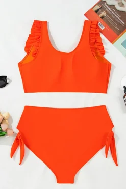 Online Dear-Lover Ruffled Trim Knotted High Waist Plus Size Bikini Set Orange