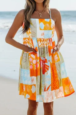 Clearance Dear-Lover Seashell Patchwork Print Self-tie Flowy Sundress Orange