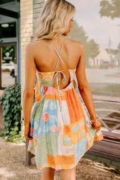 Clearance Dear-Lover Seashell Patchwork Print Self-tie Flowy Sundress Orange