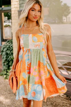 Clearance Dear-Lover Seashell Patchwork Print Self-tie Flowy Sundress Orange