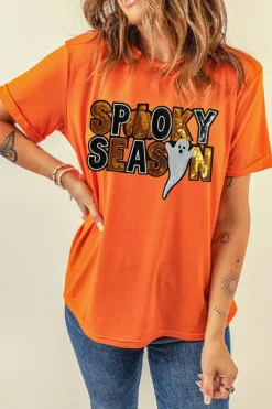 Clearance Dear-Lover Sequin SPOOKY SEASON Ghost Pattern Halloween T Shirt Orange