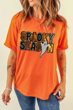 Clearance Dear-Lover Sequin SPOOKY SEASON Ghost Pattern Halloween T Shirt Orange
