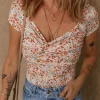 Fashion Dear-Lover Short Sleeve Floral Ruched Sweetheart Bodysuit Orange