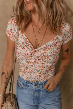 Fashion Dear-Lover Short Sleeve Floral Ruched Sweetheart Bodysuit Orange