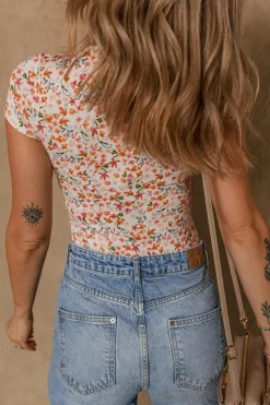 Fashion Dear-Lover Short Sleeve Floral Ruched Sweetheart Bodysuit Orange