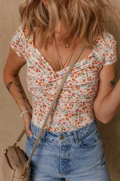 Fashion Dear-Lover Short Sleeve Floral Ruched Sweetheart Bodysuit Orange