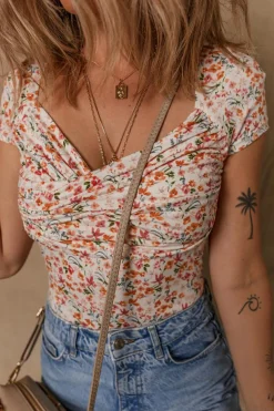 Fashion Dear-Lover Short Sleeve Floral Ruched Sweetheart Bodysuit Orange