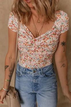Fashion Dear-Lover Short Sleeve Floral Ruched Sweetheart Bodysuit Orange