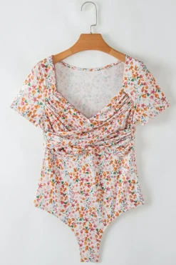 Fashion Dear-Lover Short Sleeve Floral Ruched Sweetheart Bodysuit Orange