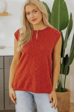 Discount Dear-Lover Solid Color Split V Neck Short Sleeve Sweater Orange