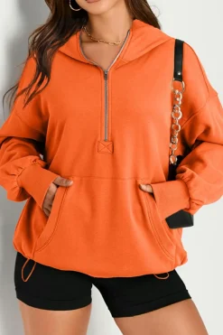 Online Dear-Lover Solid Kangaroo Pocket Half Zipper Oversized Hoodie Orange
