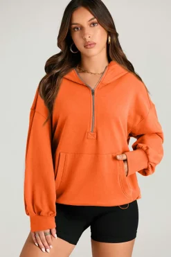 Online Dear-Lover Solid Kangaroo Pocket Half Zipper Oversized Hoodie Orange