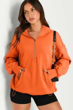 Online Dear-Lover Solid Kangaroo Pocket Half Zipper Oversized Hoodie Orange