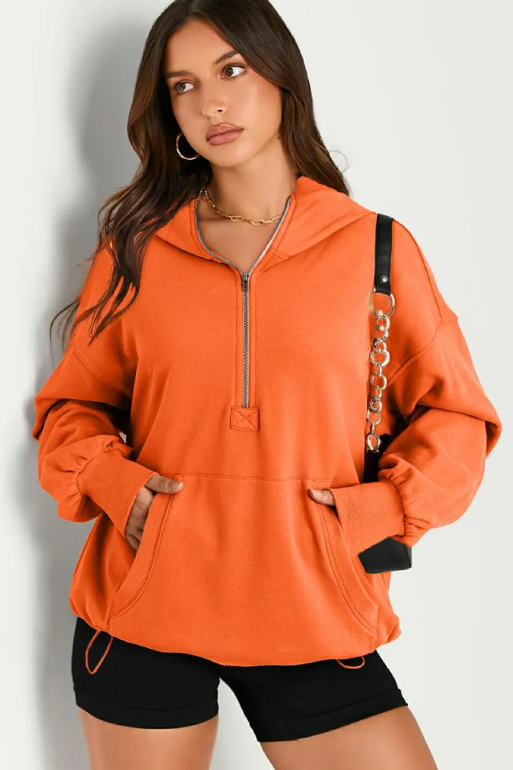 Online Dear-Lover Solid Kangaroo Pocket Half Zipper Oversized Hoodie Orange