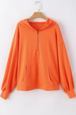 Online Dear-Lover Solid Kangaroo Pocket Half Zipper Oversized Hoodie Orange