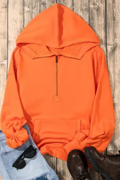 Online Dear-Lover Solid Kangaroo Pocket Half Zipper Oversized Hoodie Orange