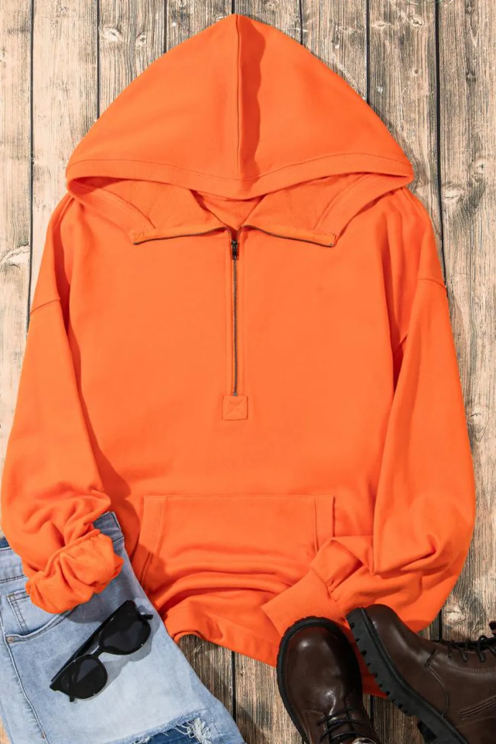 Online Dear-Lover Solid Kangaroo Pocket Half Zipper Oversized Hoodie Orange