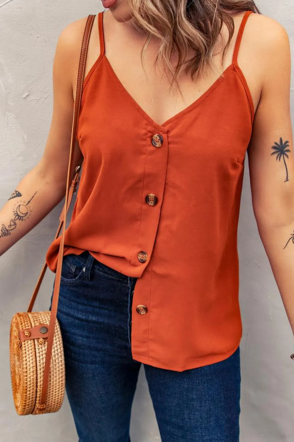 Outlet Dear-Lover Spaghetti Strap Buttoned Tank Top Orange