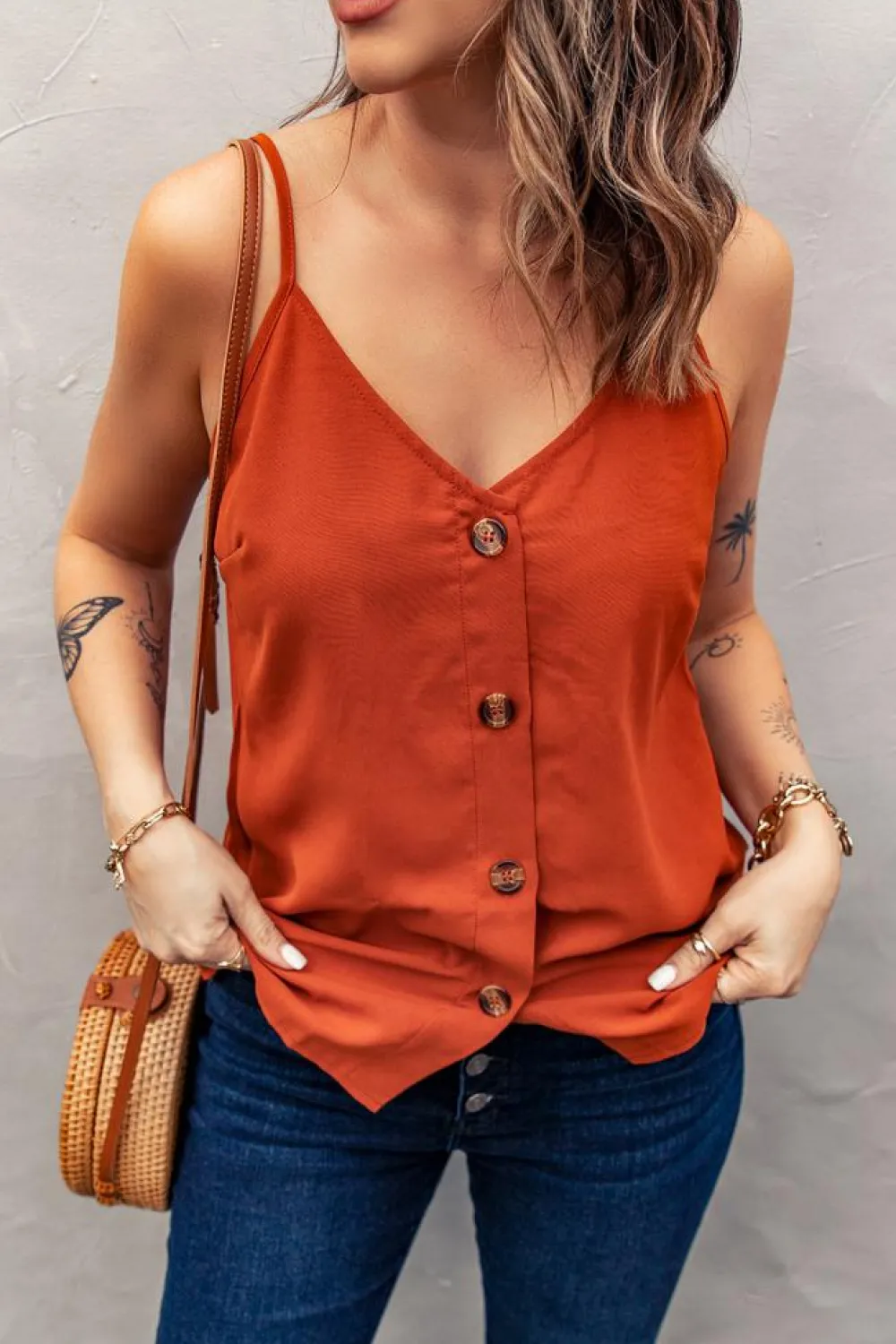 Outlet Dear-Lover Spaghetti Strap Buttoned Tank Top Orange