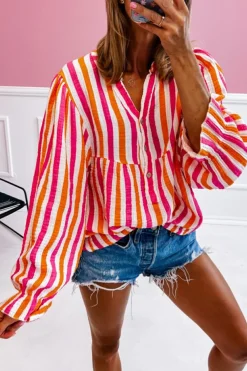 New Dear-Lover Balloon Sleeve Notched V Neck Buttoned Front Blouse Orange Stripe